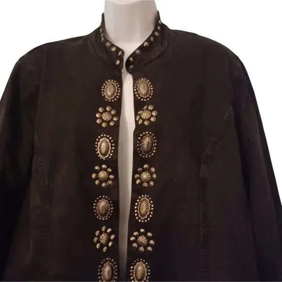 DG2 by Diane Gilman Black Denim Jeans Jacket With Silver Details. 2X - Picture 2 of 13